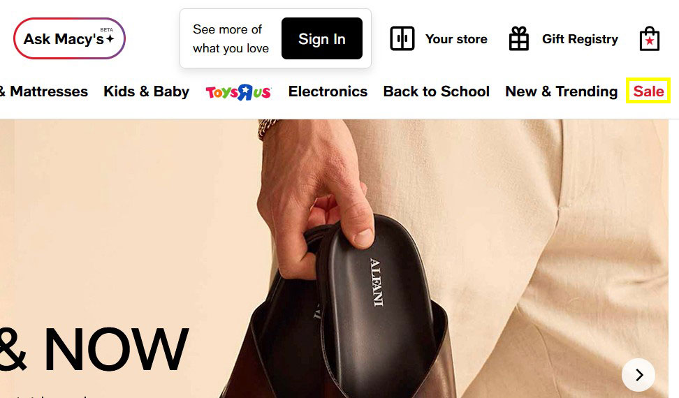 Example of highlighted Sale link in website navigation